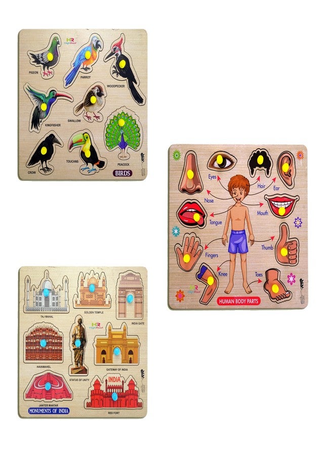 HIGHROOF® Kids Fort Pre Nursery Educational Jigsaw Puzzles for Adults Kids Learning Toys Kit Board Game 3 pcs Set of Birds Human Body Parts & Monuments of India Educational Toy - Image 1